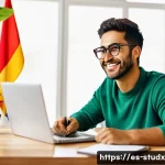 Home 21 학습 진도 추적을 위한 체크리스트 만들기 - A cozy, modern study room with a young adult Spanish learner organizing a colorful digital checklist...