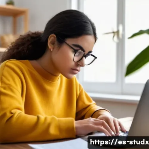 Home 32 효과적인 학습 진도 관리의 성공 사례 - A focused young Hispanic woman studying at a wooden desk in a cozy room with natural light, using th...