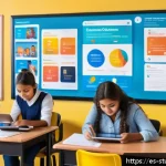 Home 23 모바일 기기를 활용한 학습 진도 추적 - A vibrant classroom scene in a modern Latin American school, showing a diverse group of students and...
