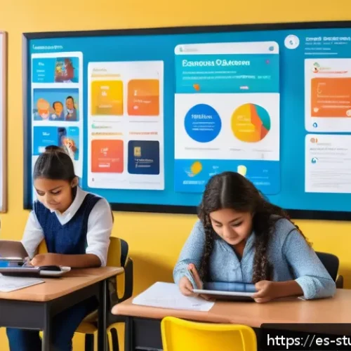 Home 17 모바일 기기를 활용한 학습 진도 추적 - A vibrant classroom scene in a modern Latin American school, showing a diverse group of students and...