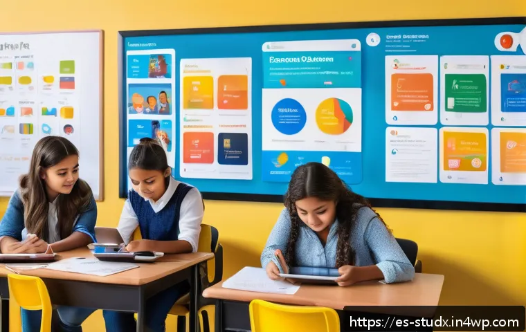 모바일 기기를 활용한 학습 진도 추적 - A vibrant classroom scene in a modern Latin American school, showing a diverse group of students and...